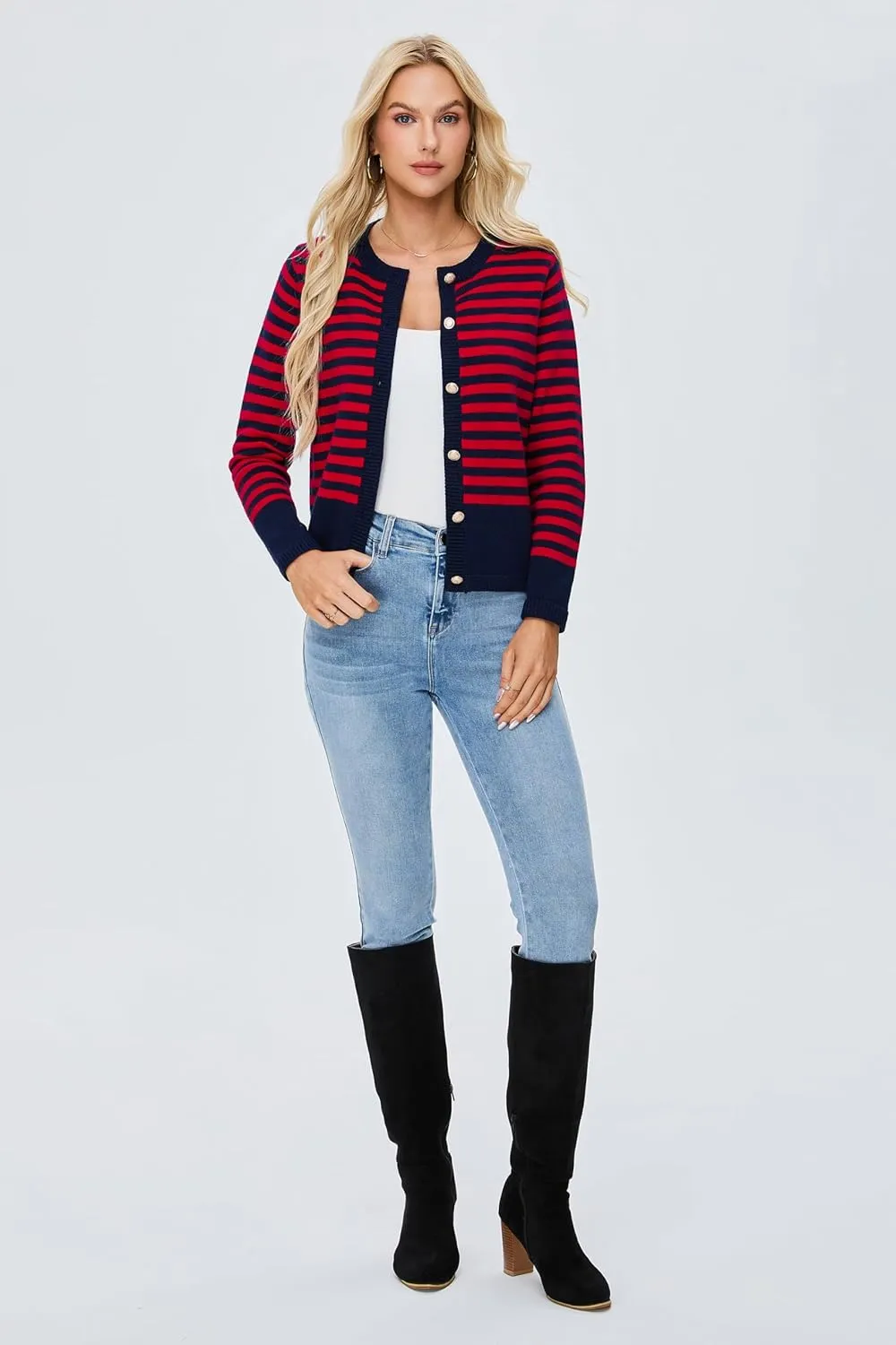 BMJL Women's Striped Cardigan Sweaters Lightweight Cropped Long Sleeve Tops Button Down 2024 Fall Outfits Trendy