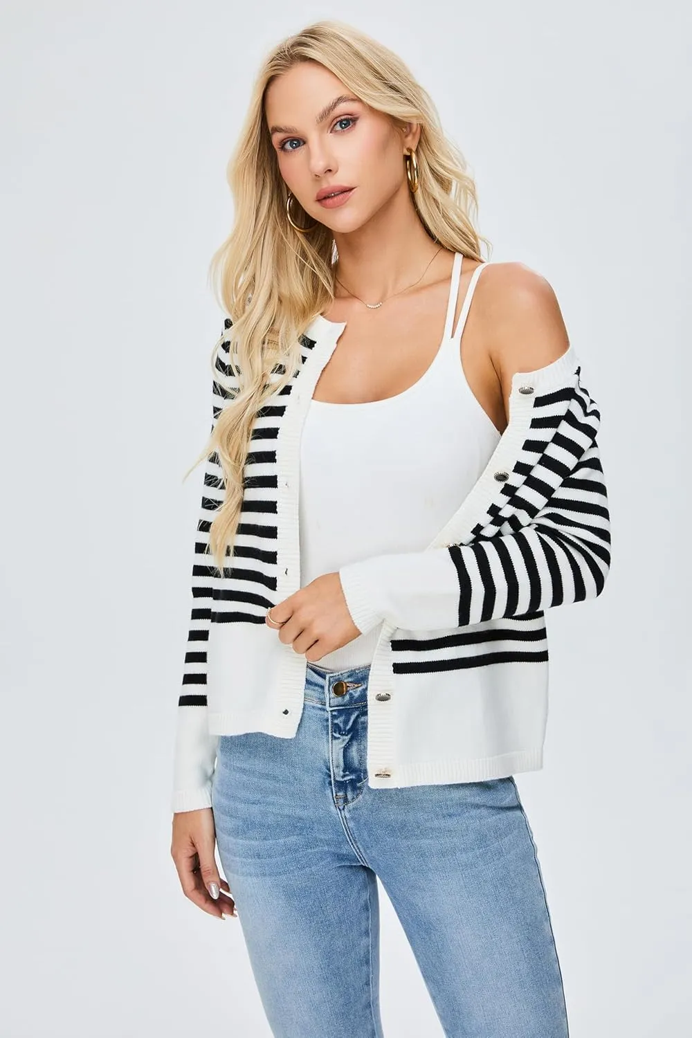 BMJL Women's Striped Cardigan Sweaters Lightweight Cropped Long Sleeve Tops Button Down 2024 Fall Outfits Trendy