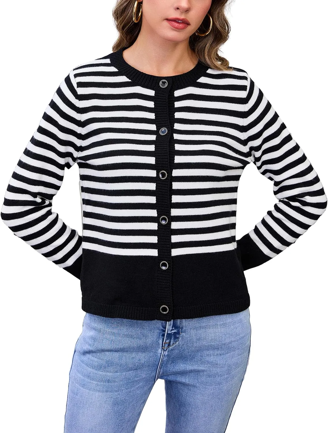 BMJL Women's Striped Cardigan Sweaters Lightweight Cropped Long Sleeve Tops Button Down 2024 Fall Outfits Trendy