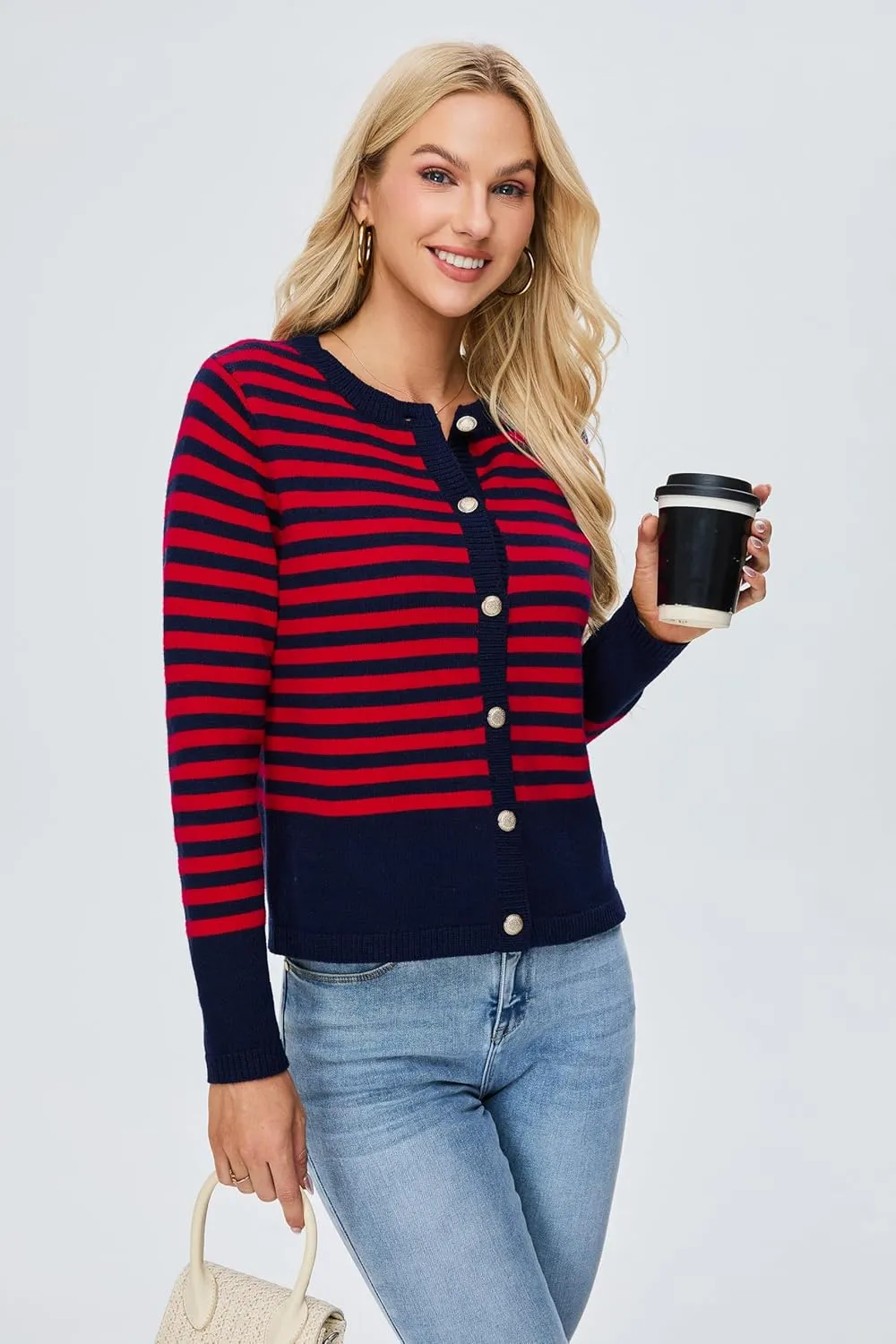 BMJL Women's Striped Cardigan Sweaters Lightweight Cropped Long Sleeve Tops Button Down 2024 Fall Outfits Trendy