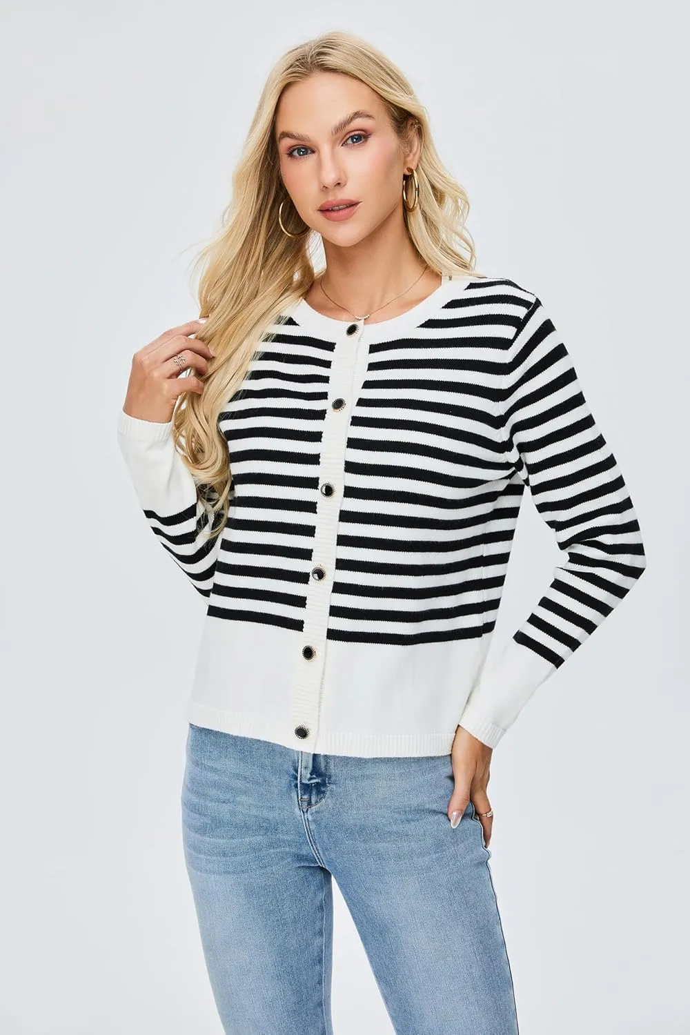 BMJL Women's Striped Cardigan Sweaters Lightweight Cropped Long Sleeve Tops Button Down 2024 Fall Outfits Trendy