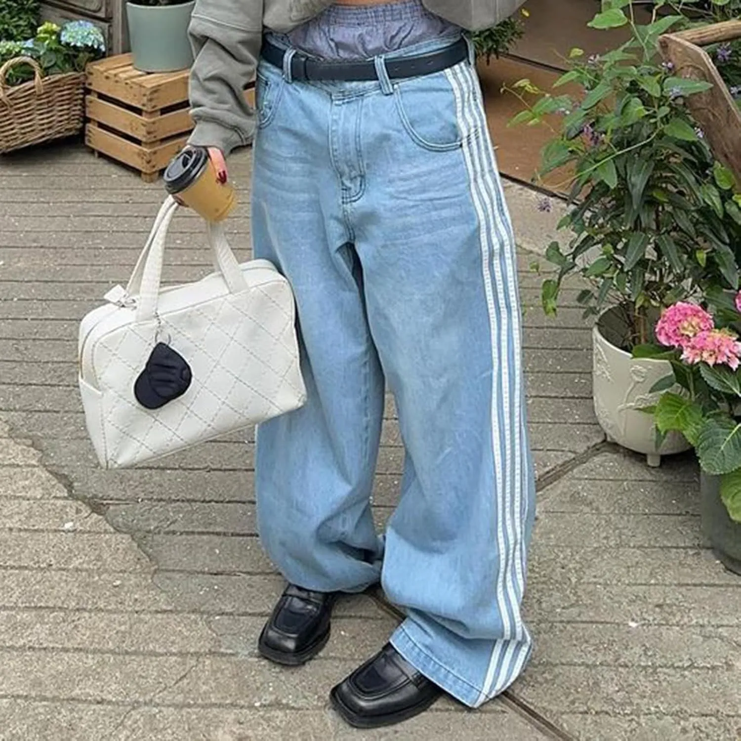 Boyfriend Jeans for Women Y2K Fashion Striped High Waist Wide Leg Denim Pants Casual Vintage Baggy Streetwear Jeans
