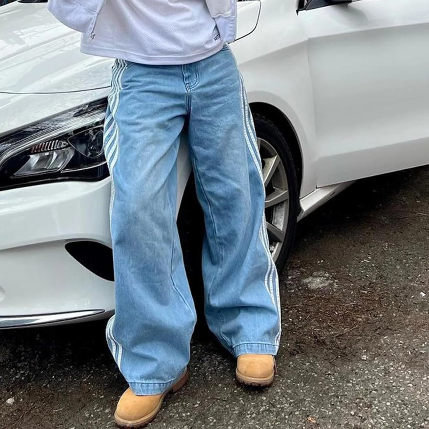 Boyfriend Jeans for Women Y2K Fashion Striped High Waist Wide Leg Denim Pants Casual Vintage Baggy Streetwear Jeans