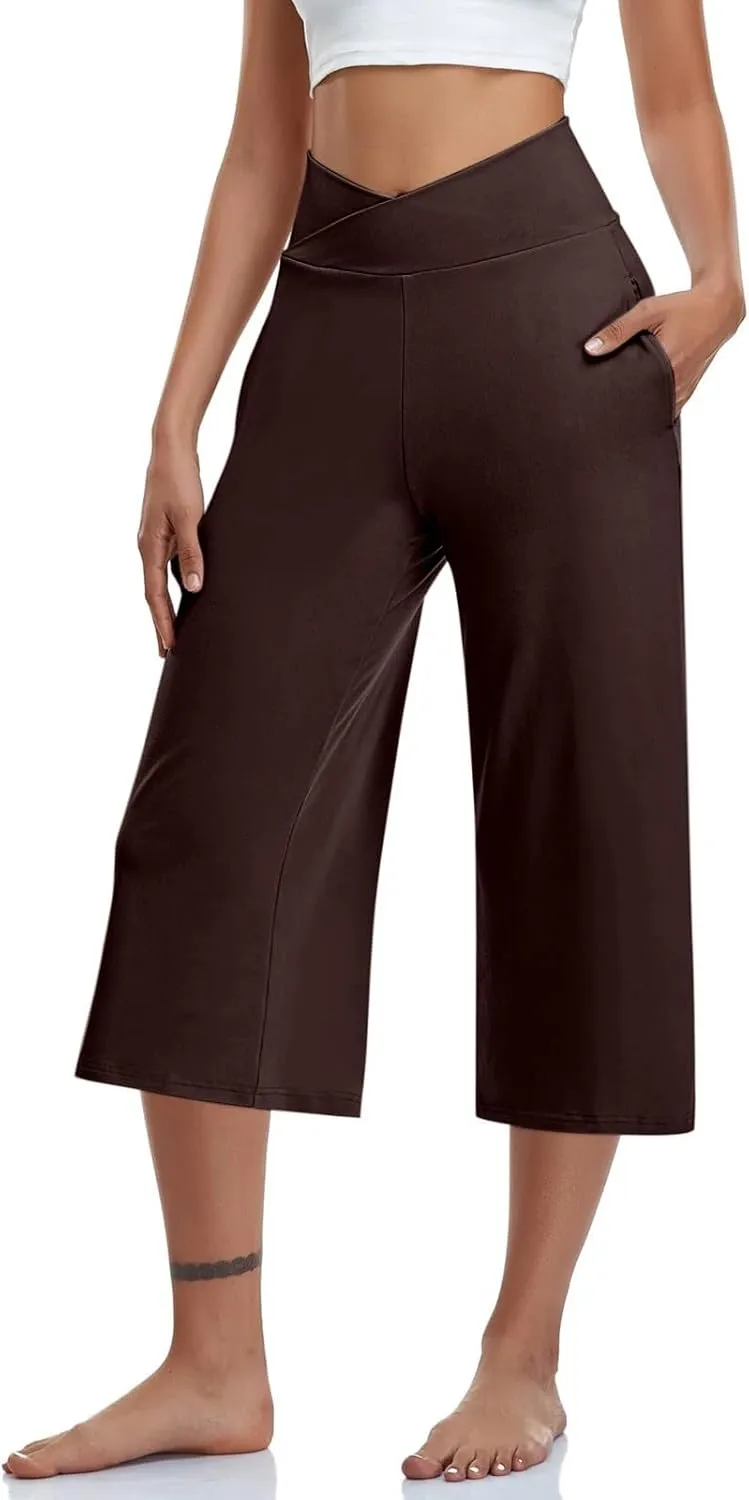 Capri Pants for Women 2025 Summer Wide Leg Yoga Pants Tummy Control High Waist Dressy Casual Crop Pant with Pockets