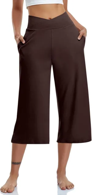 Capri Pants for Women 2025 Summer Wide Leg Yoga Pants Tummy Control High Waist Dressy Casual Crop Pant with Pockets