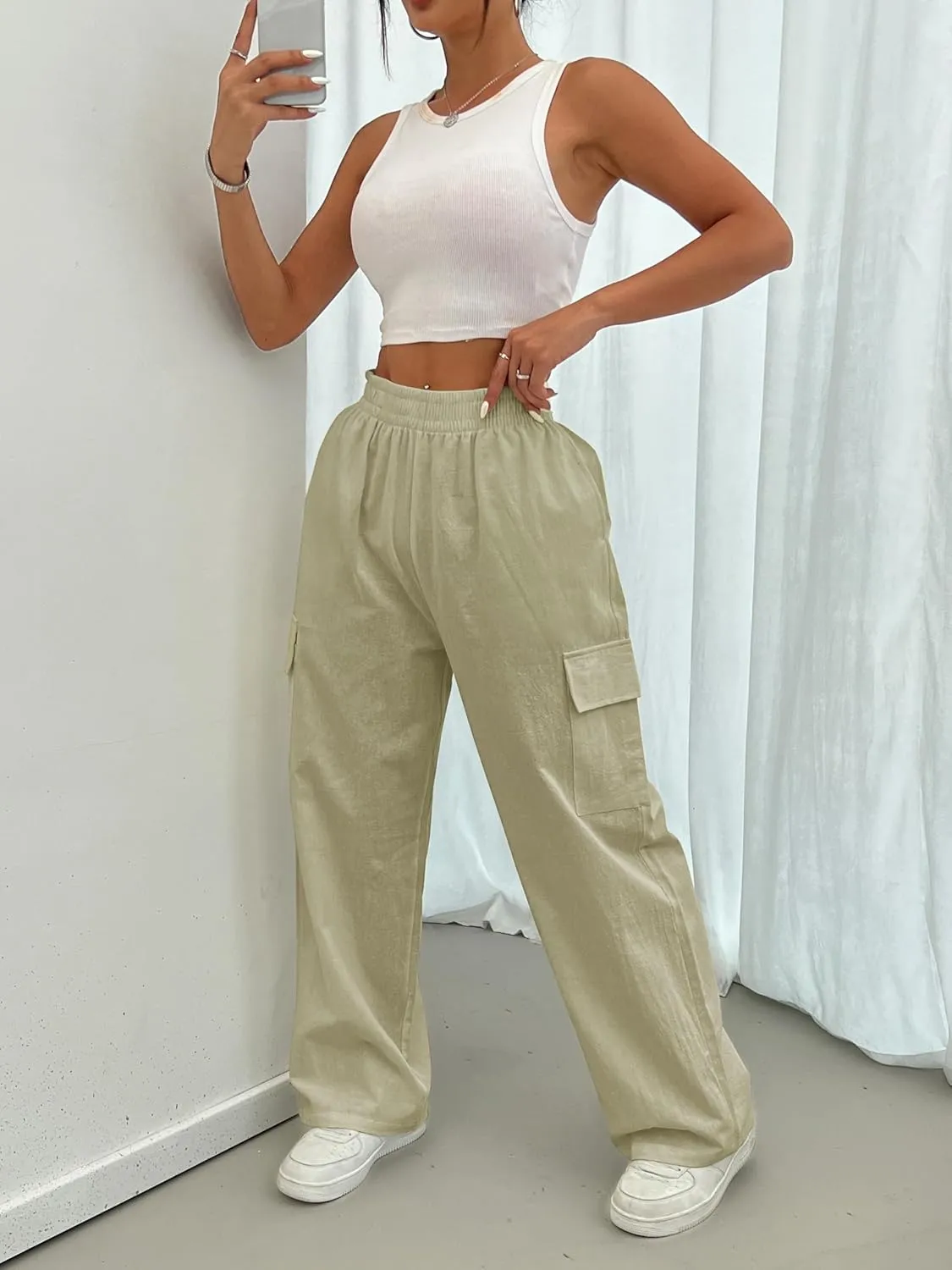 Cargo Linen Pants for Women Summer Wide Leg Palazzo Beach Pants Lightweight Women's Casual Pants with Pocket