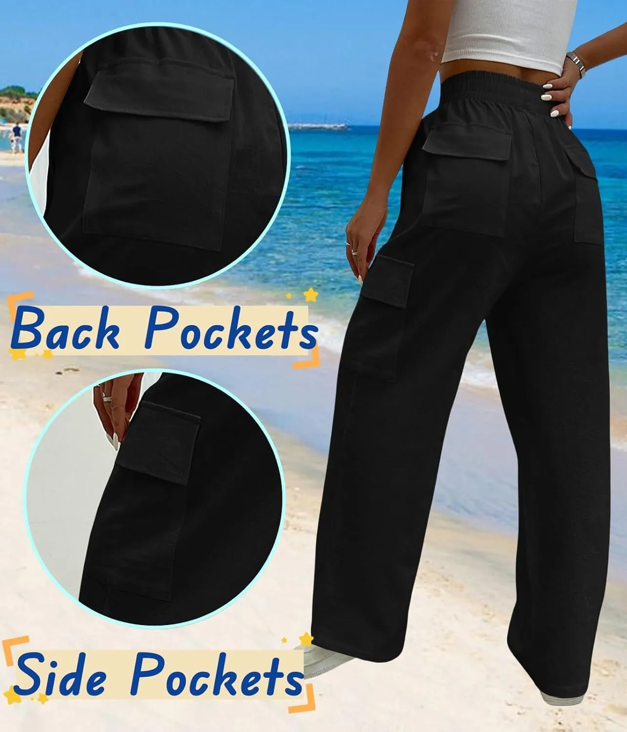 Cargo Linen Pants for Women Summer Wide Leg Palazzo Beach Pants Lightweight Women's Casual Pants with Pocket
