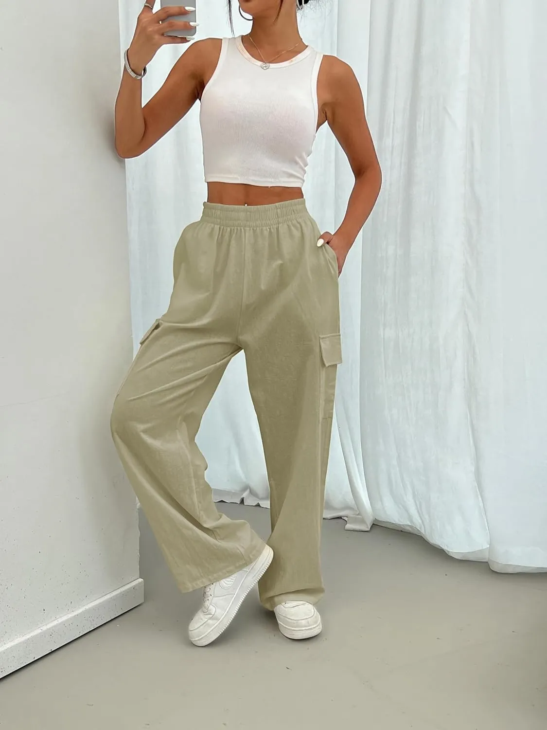 Cargo Linen Pants for Women Summer Wide Leg Palazzo Beach Pants Lightweight Women's Casual Pants with Pocket