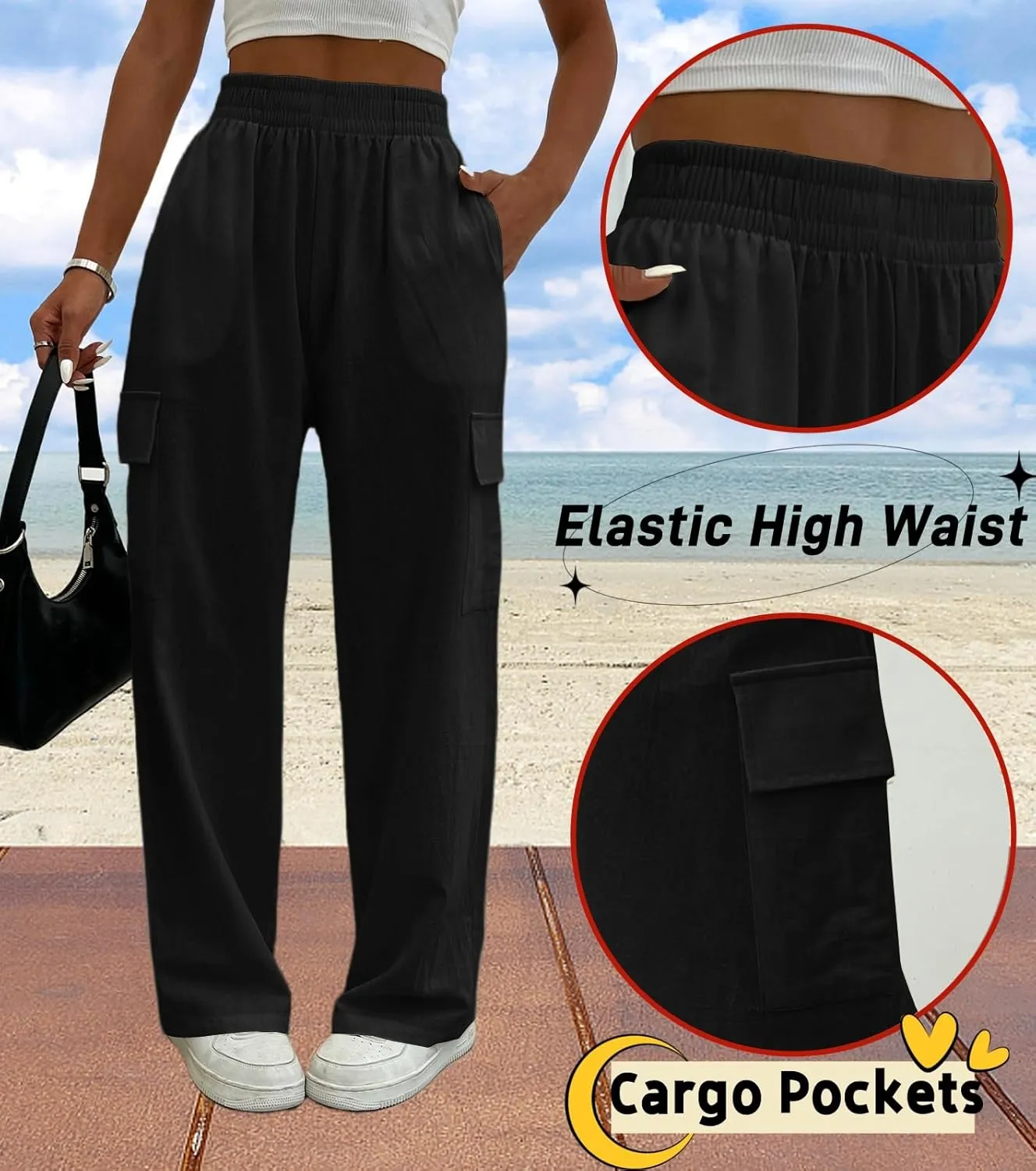 Cargo Linen Pants for Women Summer Wide Leg Palazzo Beach Pants Lightweight Women's Casual Pants with Pocket
