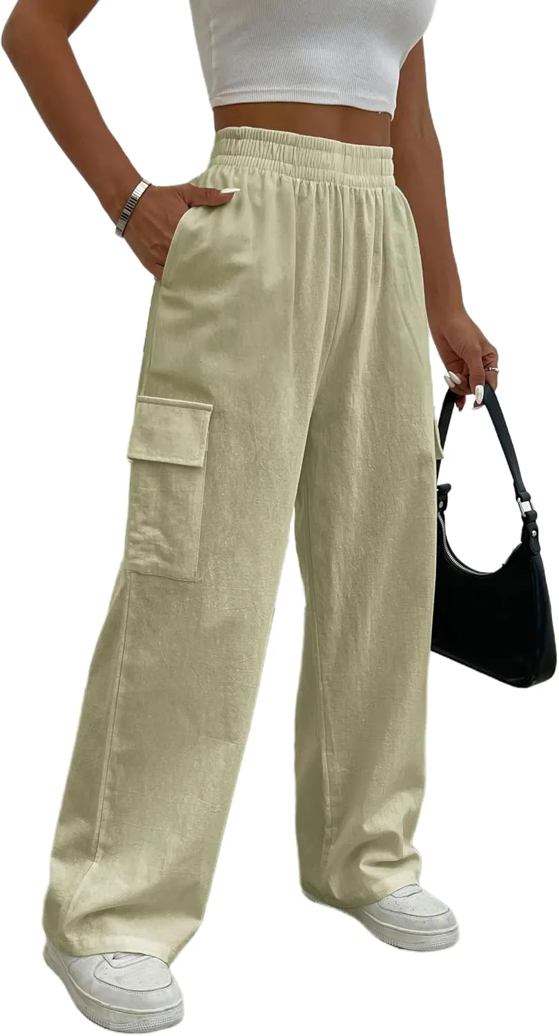 Cargo Linen Pants for Women Summer Wide Leg Palazzo Beach Pants Lightweight Women's Casual Pants with Pocket