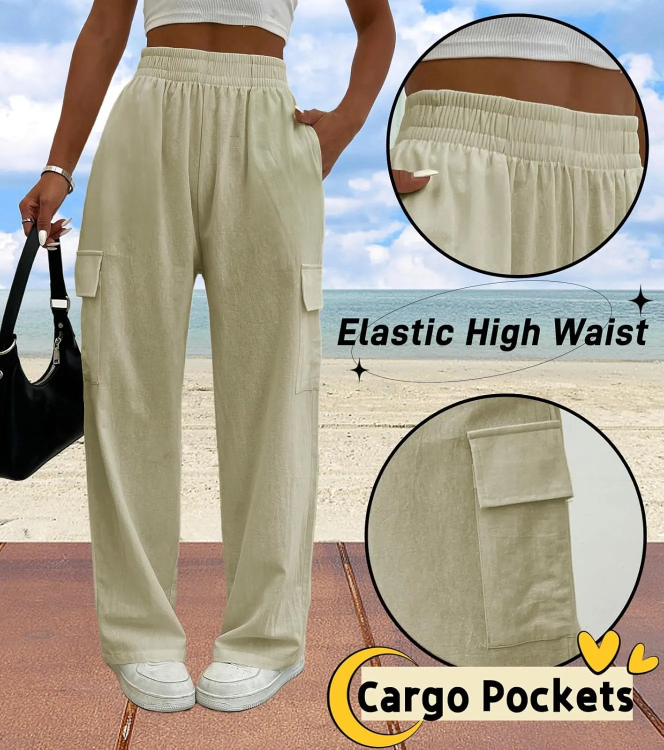Cargo Linen Pants for Women Summer Wide Leg Palazzo Beach Pants Lightweight Women's Casual Pants with Pocket