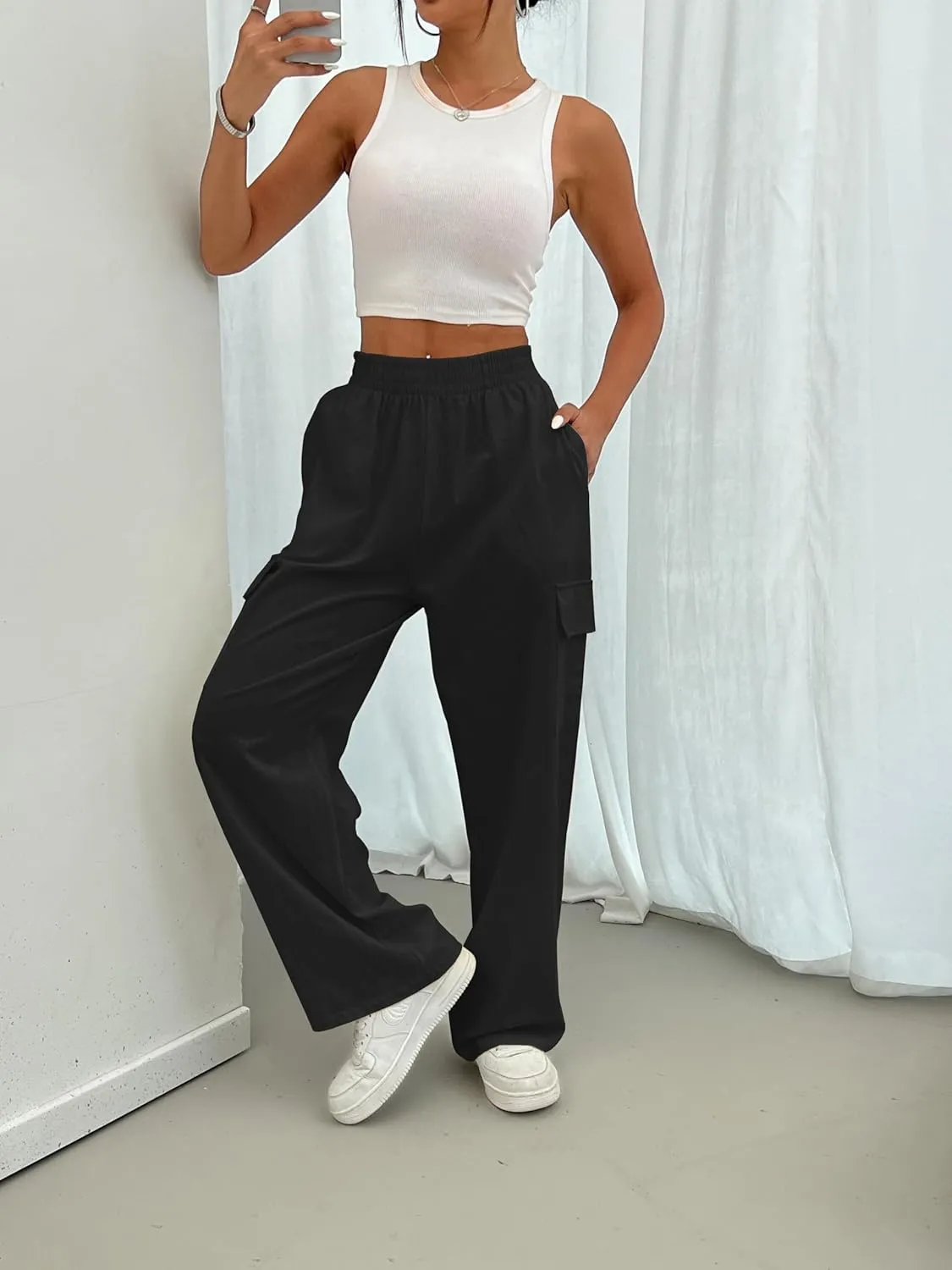 Cargo Linen Pants for Women Summer Wide Leg Palazzo Beach Pants Lightweight Women's Casual Pants with Pocket