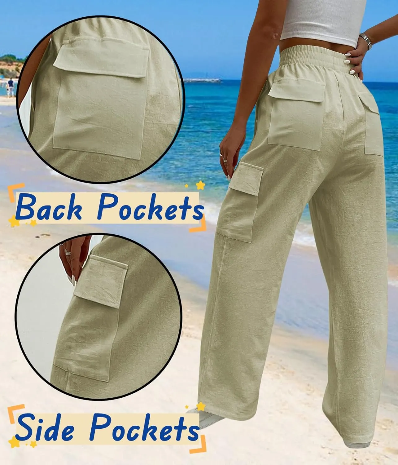 Cargo Linen Pants for Women Summer Wide Leg Palazzo Beach Pants Lightweight Women's Casual Pants with Pocket