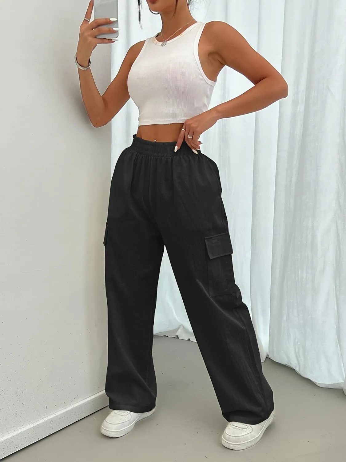 Cargo Linen Pants for Women Summer Wide Leg Palazzo Beach Pants Lightweight Women's Casual Pants with Pocket