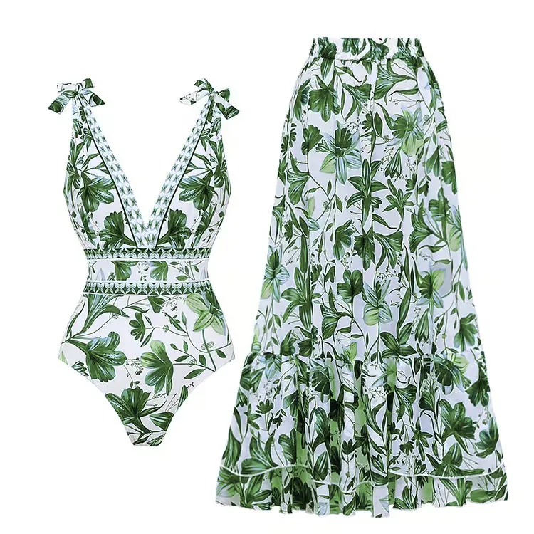 Cari - Floral Print V-Neck One-Piece Swimsuit Set