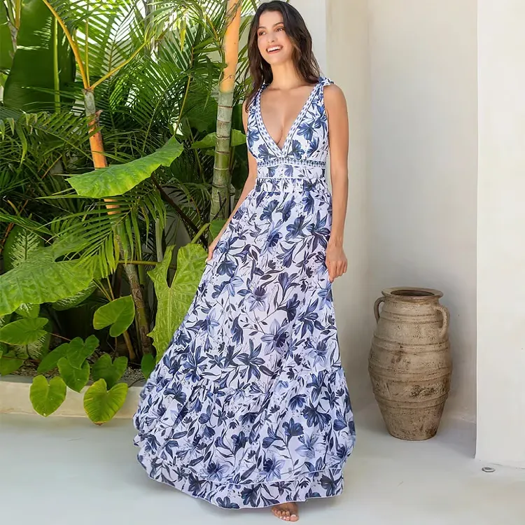 Cari - Floral Print V-Neck One-Piece Swimsuit Set