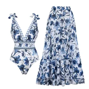 Cari - Floral Print V-Neck One-Piece Swimsuit Set