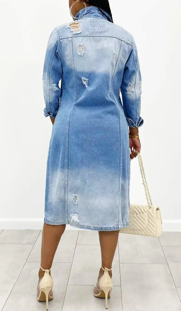 chouyatou Women's Distressed Hole Over Knee Midi Long Denim Jacket Trench Coat