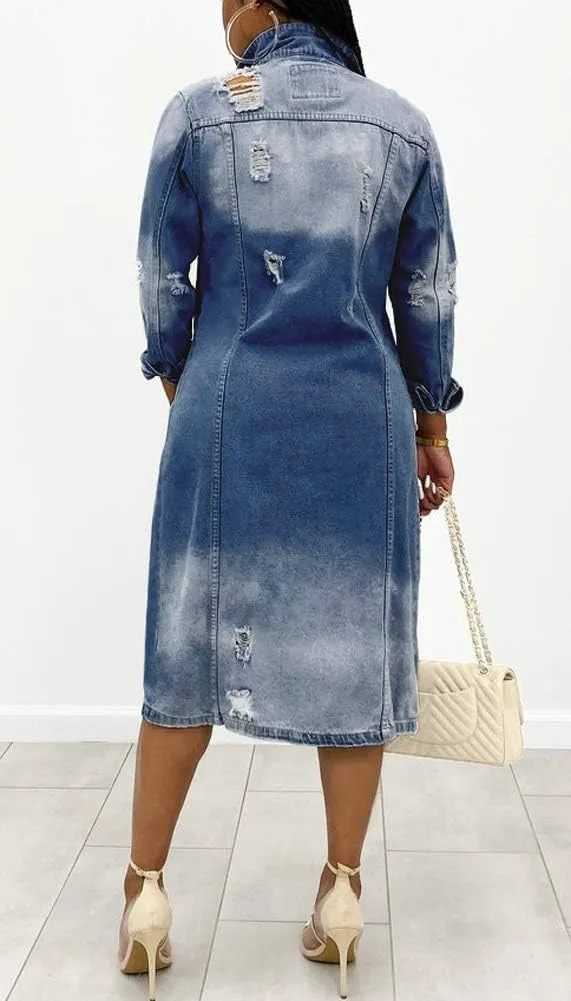 chouyatou Women's Distressed Hole Over Knee Midi Long Denim Jacket Trench Coat