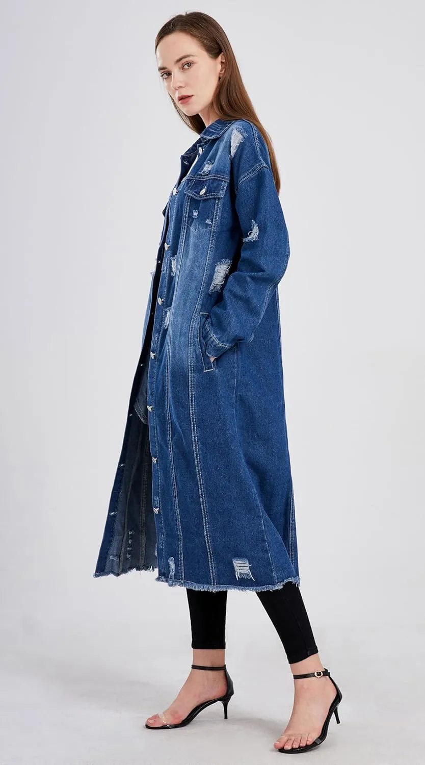 chouyatou Women's Spring Fashion Ripped Holes Maxi Long Denim Jacket Trench Coat