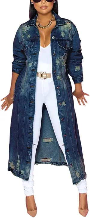 chouyatou Women's Spring Fashion Ripped Holes Maxi Long Denim Jacket Trench Coat