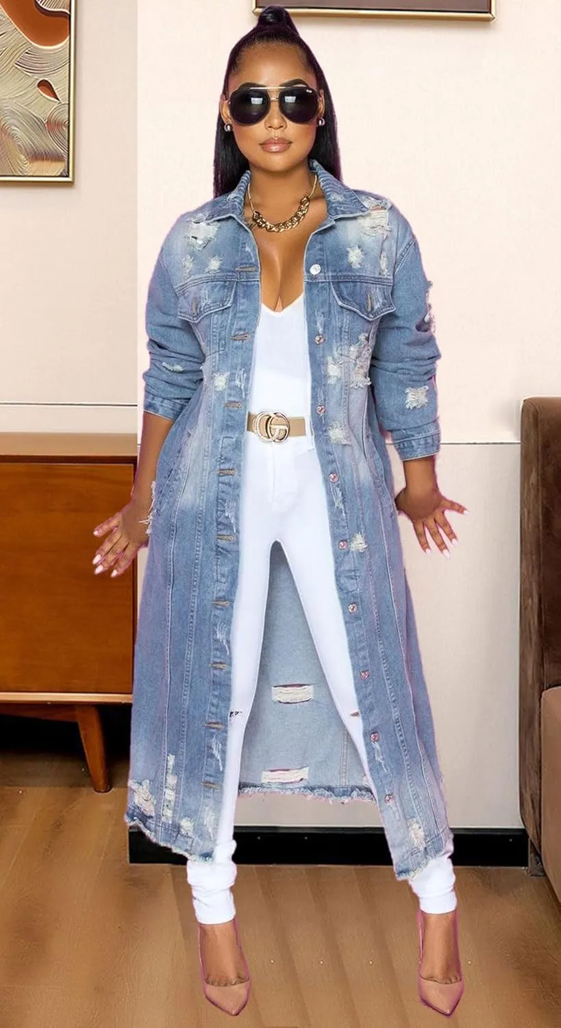 chouyatou Women's Spring Fashion Ripped Holes Maxi Long Denim Jacket Trench Coat