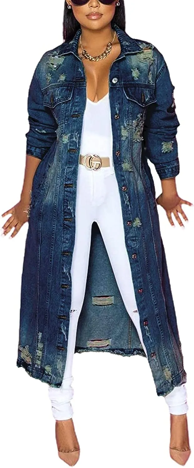 chouyatou Women's Spring Fashion Ripped Holes Maxi Long Denim Jacket Trench Coat