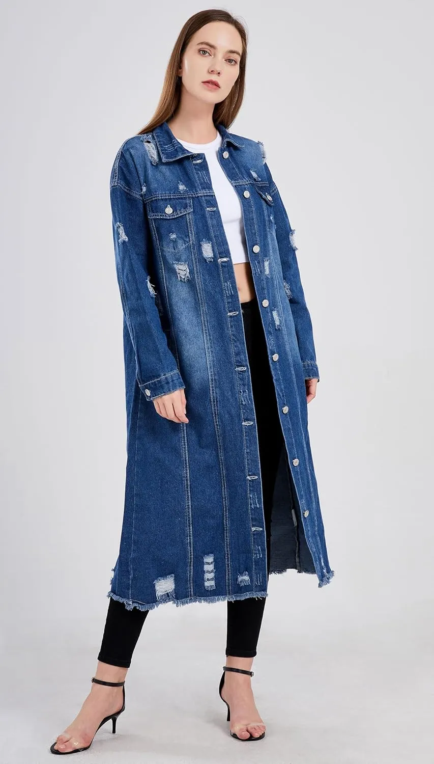 chouyatou Women's Spring Fashion Ripped Holes Maxi Long Denim Jacket Trench Coat