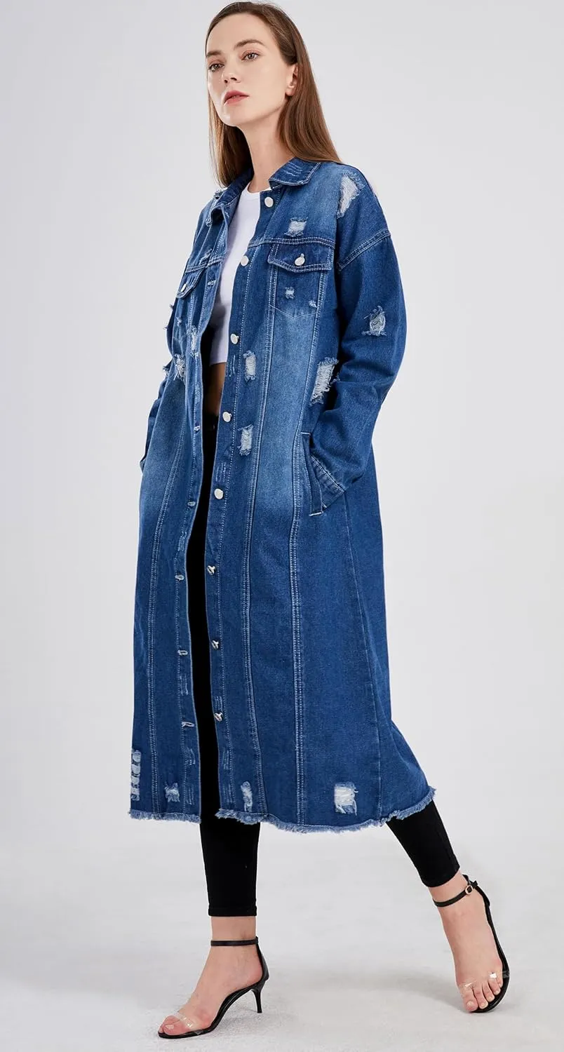 chouyatou Women's Spring Fashion Ripped Holes Maxi Long Denim Jacket Trench Coat