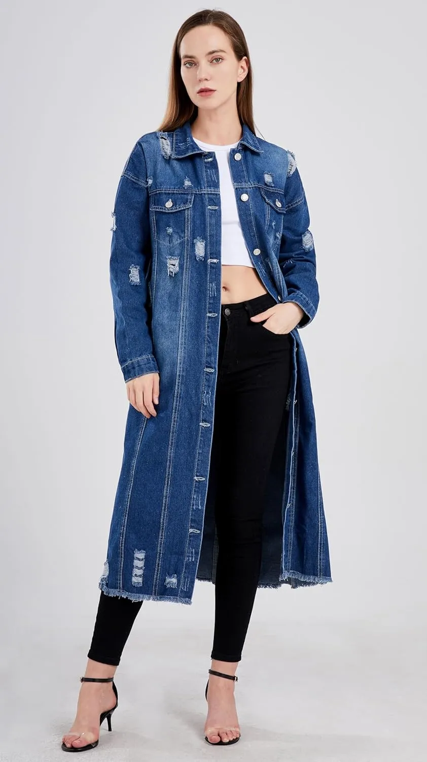 chouyatou Women's Spring Fashion Ripped Holes Maxi Long Denim Jacket Trench Coat