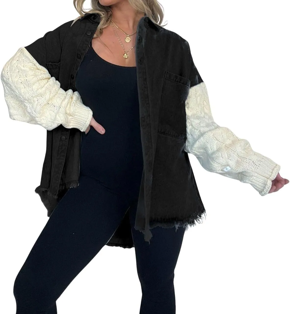 chouyatou Women's Y2K Cable Knitted Long Sleeve Button Down Denim Jacket Color Block Patchwork Jean Jacket