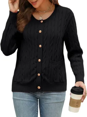 CiCiBird Women Fall Cable Knit Cardigan Sweater Long Sleeve Button Jacket Winter Chunky Open Front Coat