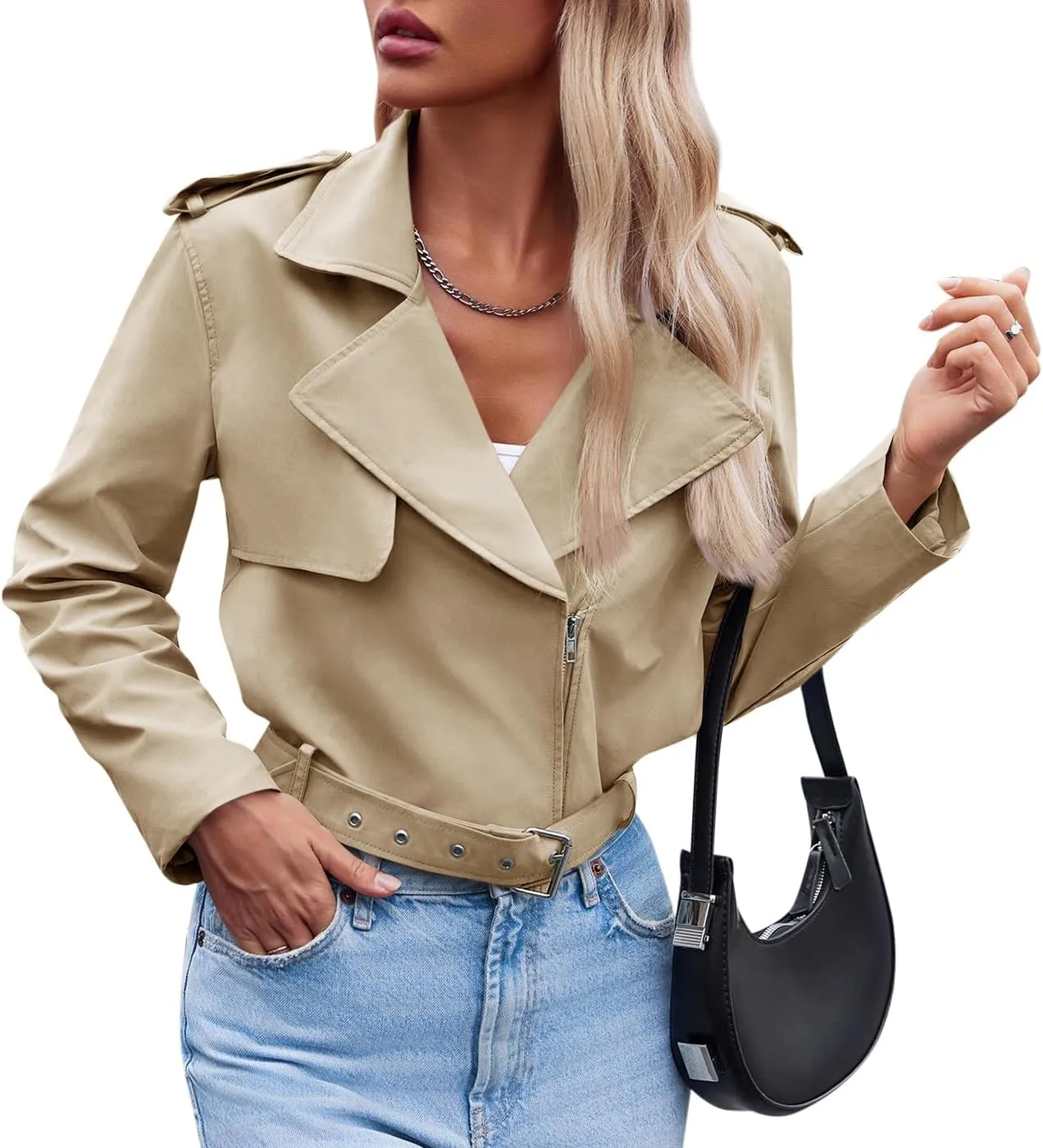 Cicy Bell Womens Cropped Trench Coat Zip Up Lapel Long Sleeve Casual Work Short Jacket Outerwear