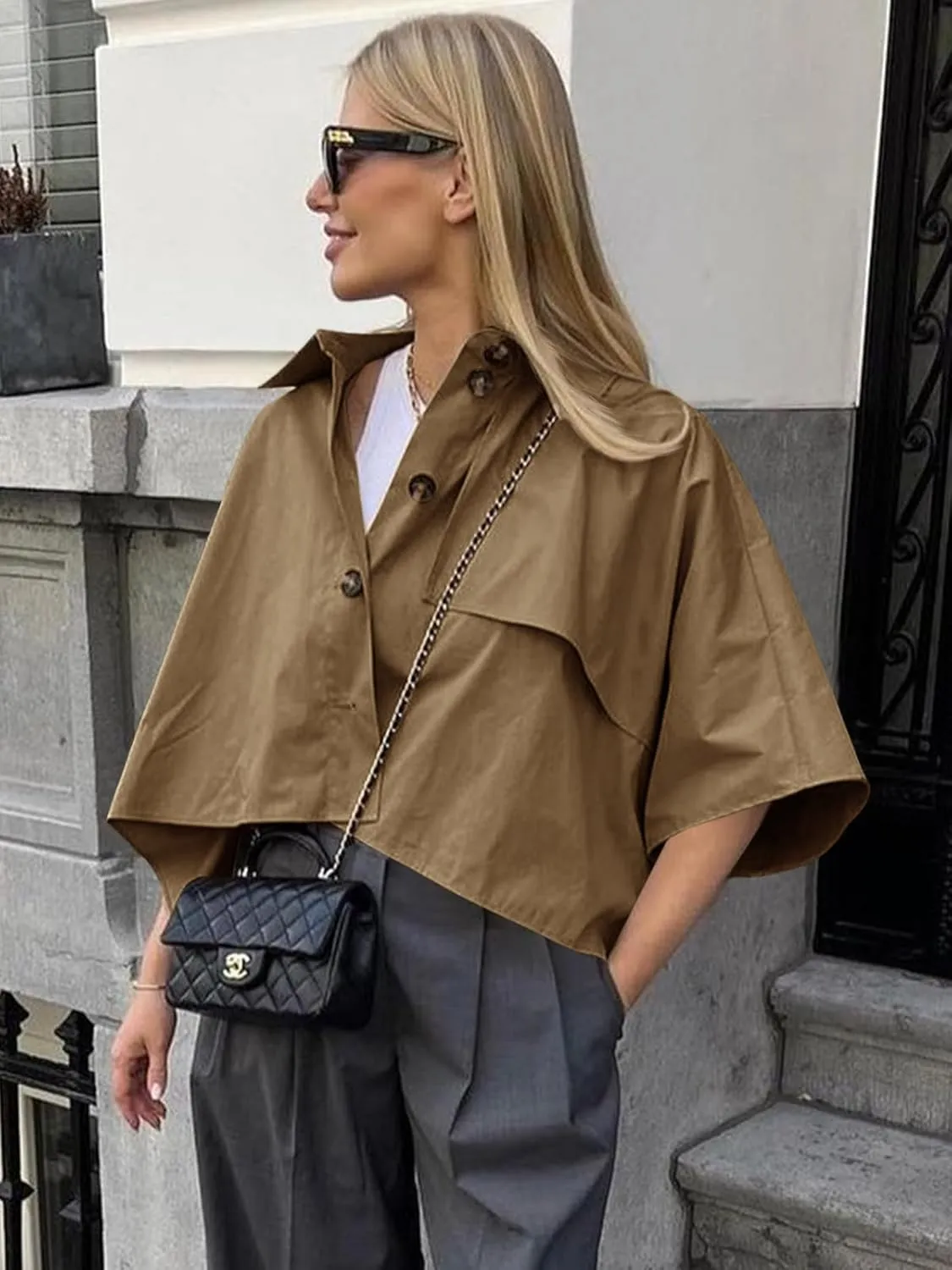 Cicy Bell Womens Oversized Cropped Trench Coats Single Breasted 3/4 Cape Sleeve Trendy Casual Jackets Button up Outerwear