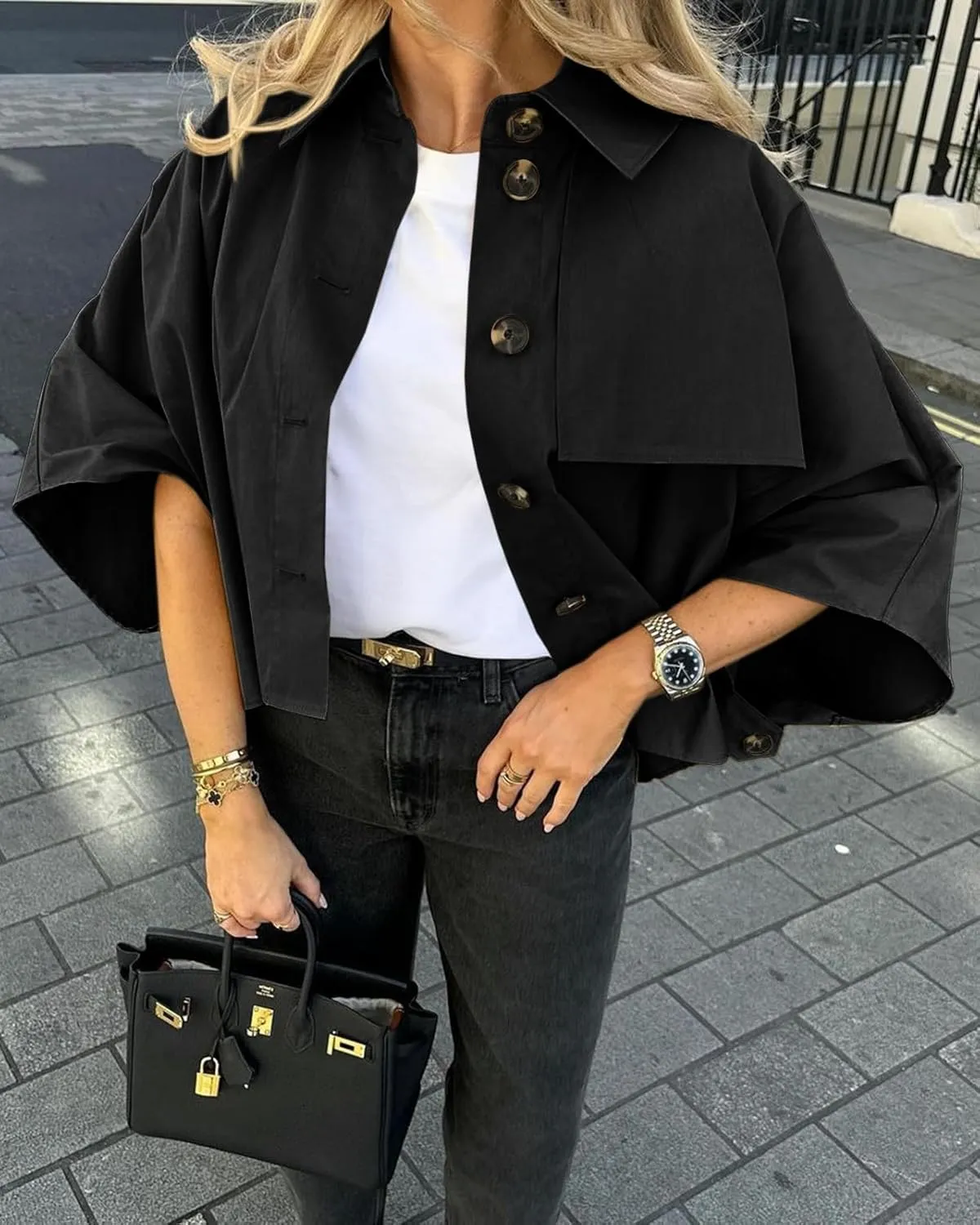 Cicy Bell Womens Oversized Cropped Trench Coats Single Breasted 3/4 Cape Sleeve Trendy Casual Jackets Button up Outerwear