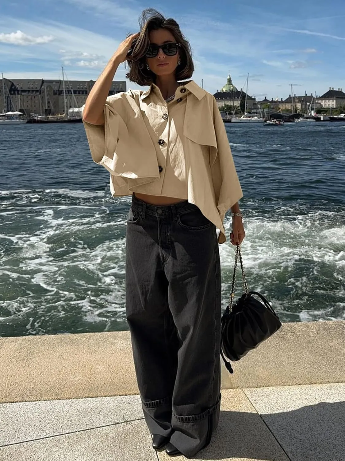 Cicy Bell Womens Oversized Cropped Trench Coats Single Breasted 3/4 Cape Sleeve Trendy Casual Jackets Button up Outerwear