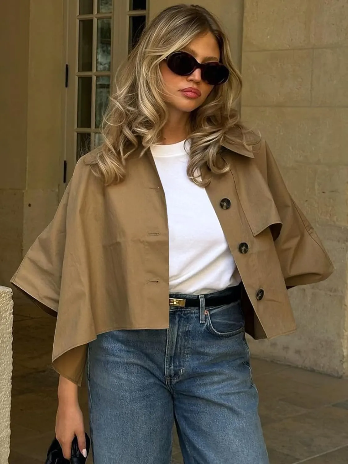 Cicy Bell Womens Oversized Cropped Trench Coats Single Breasted 3/4 Cape Sleeve Trendy Casual Jackets Button up Outerwear