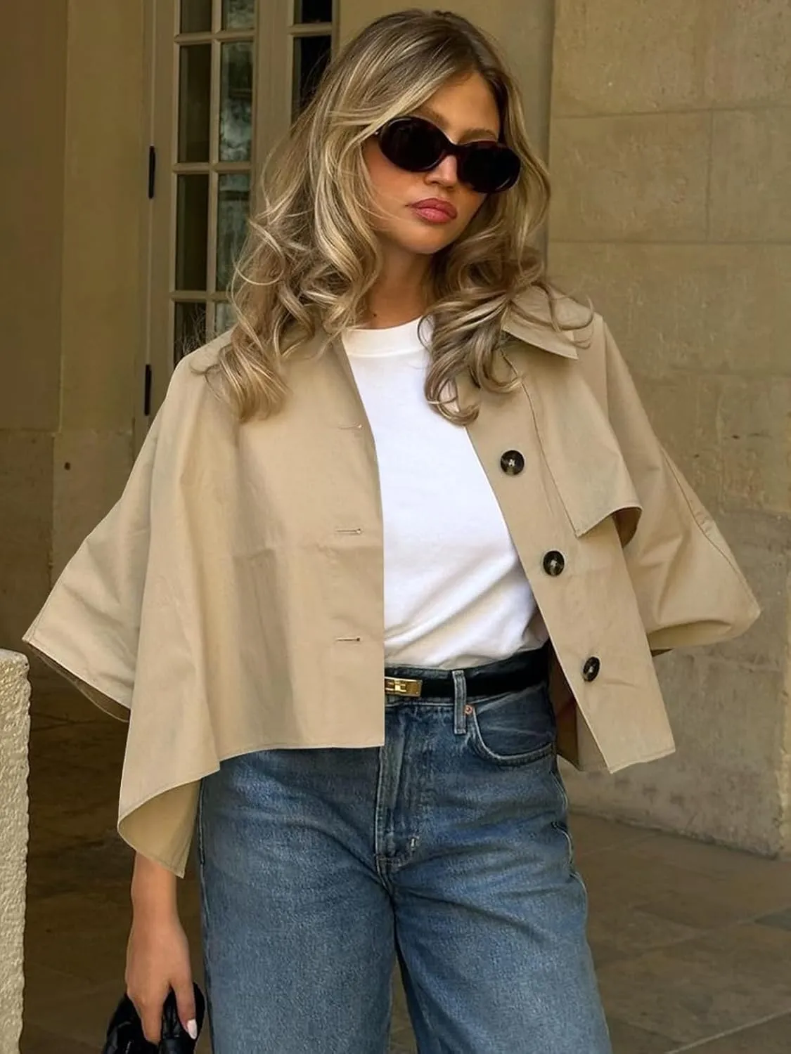 Cicy Bell Womens Oversized Cropped Trench Coats Single Breasted 3/4 Cape Sleeve Trendy Casual Jackets Button up Outerwear