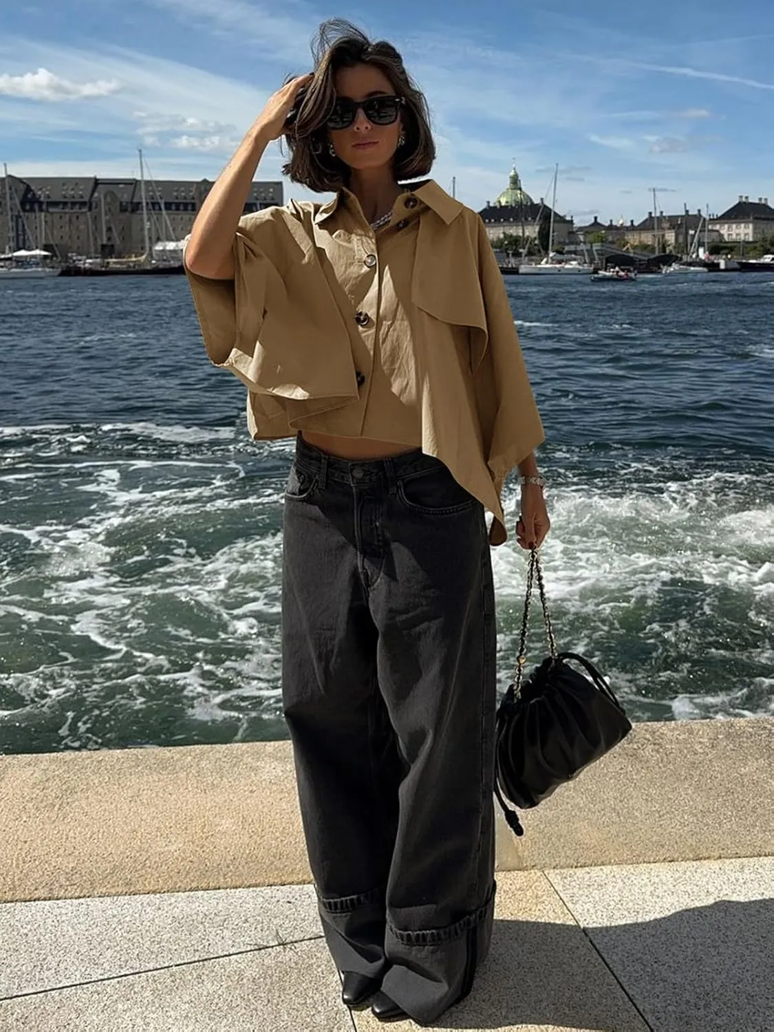 Cicy Bell Womens Oversized Cropped Trench Coats Single Breasted 3/4 Cape Sleeve Trendy Casual Jackets Button up Outerwear