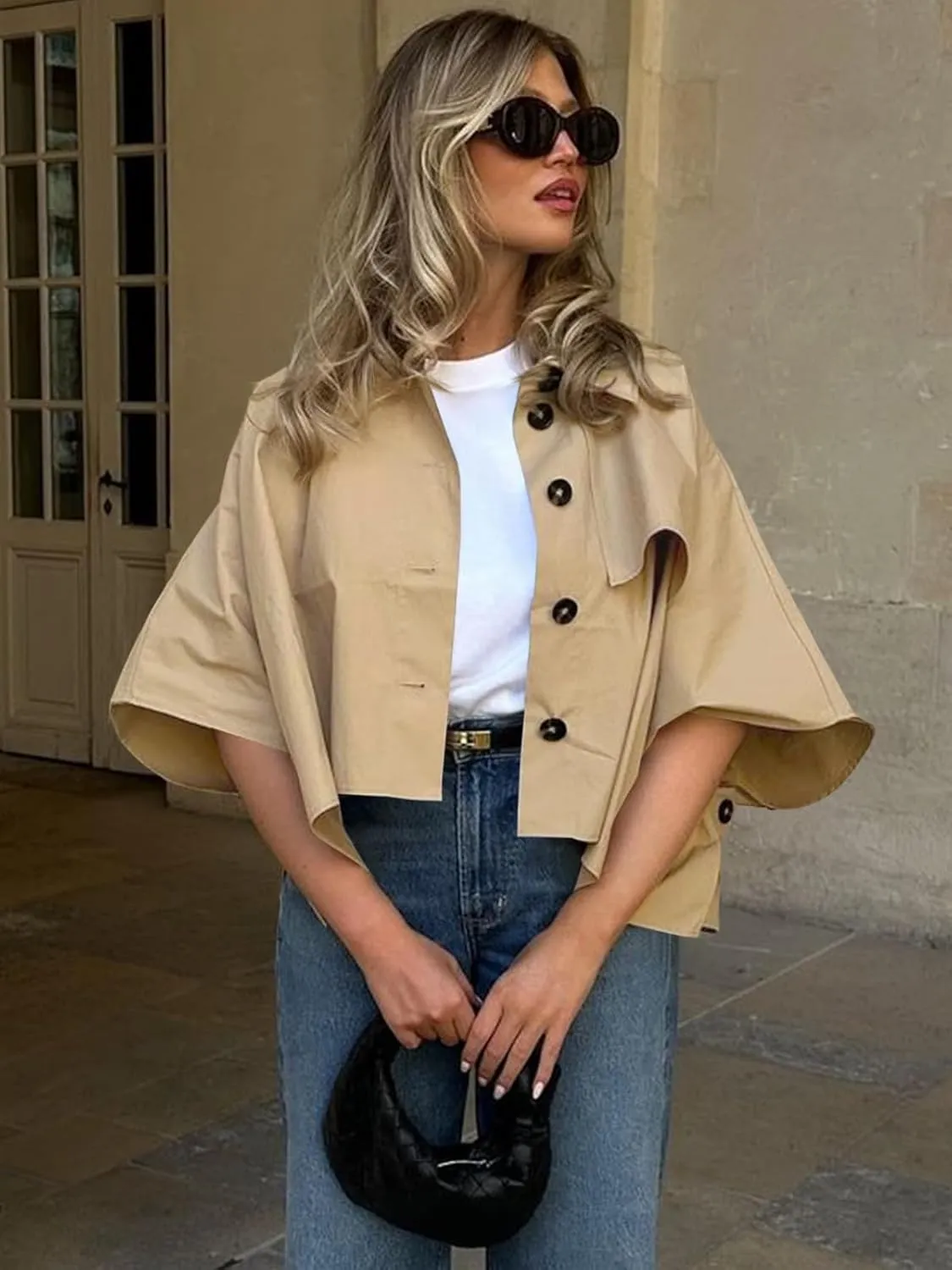 Cicy Bell Womens Oversized Cropped Trench Coats Single Breasted 3/4 Cape Sleeve Trendy Casual Jackets Button up Outerwear