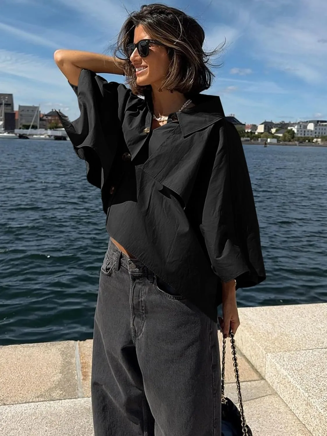 Cicy Bell Womens Oversized Cropped Trench Coats Single Breasted 3/4 Cape Sleeve Trendy Casual Jackets Button up Outerwear