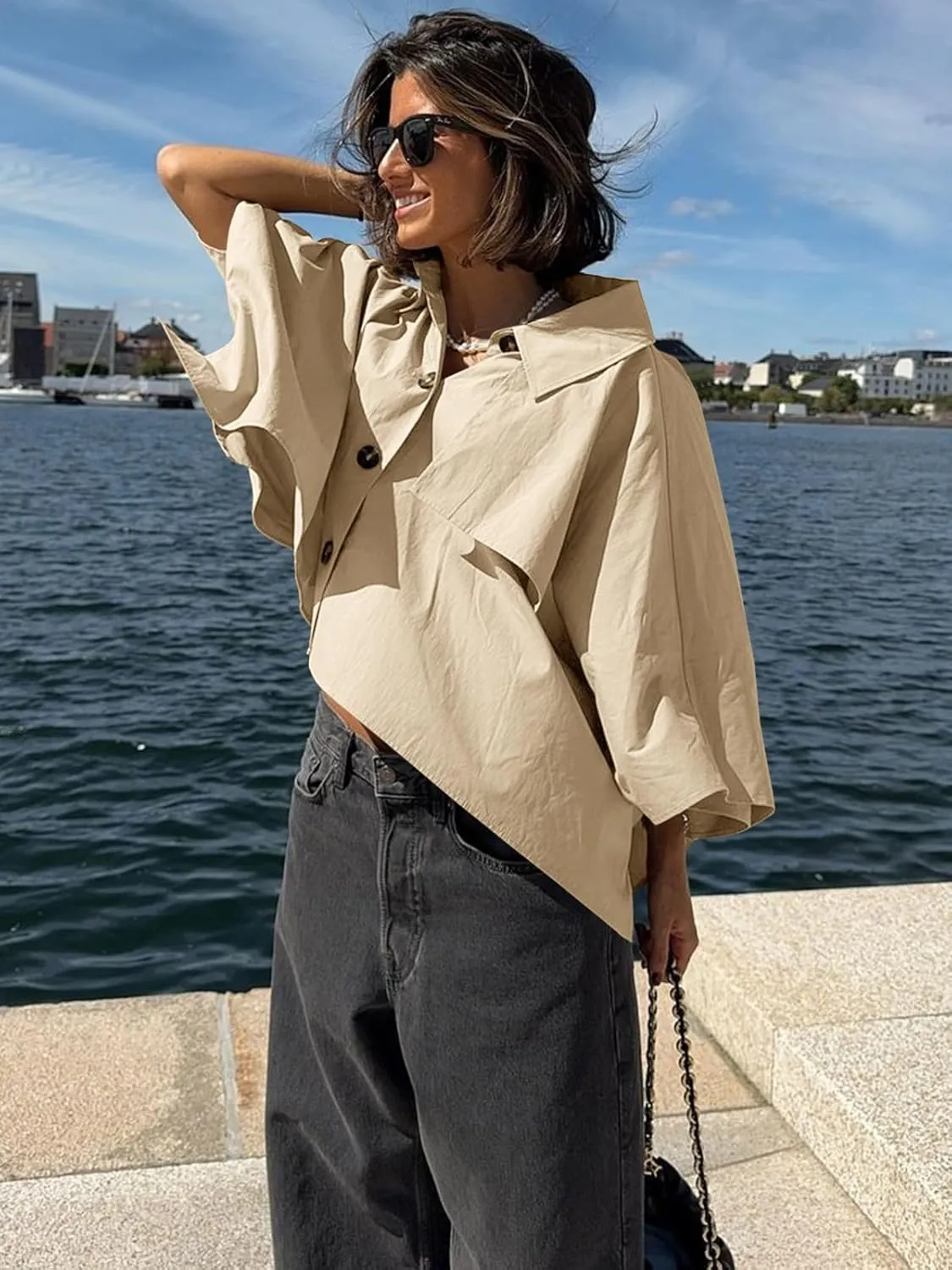 Cicy Bell Womens Oversized Cropped Trench Coats Single Breasted 3/4 Cape Sleeve Trendy Casual Jackets Button up Outerwear