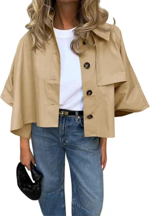 Cicy Bell Womens Oversized Cropped Trench Coats Single Breasted 3/4 Cape Sleeve Trendy Casual Jackets Button up Outerwear