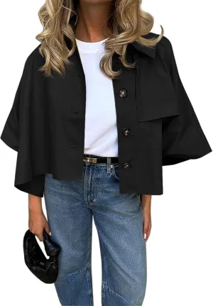 Cicy Bell Womens Oversized Cropped Trench Coats Single Breasted 3/4 Cape Sleeve Trendy Casual Jackets Button up Outerwear