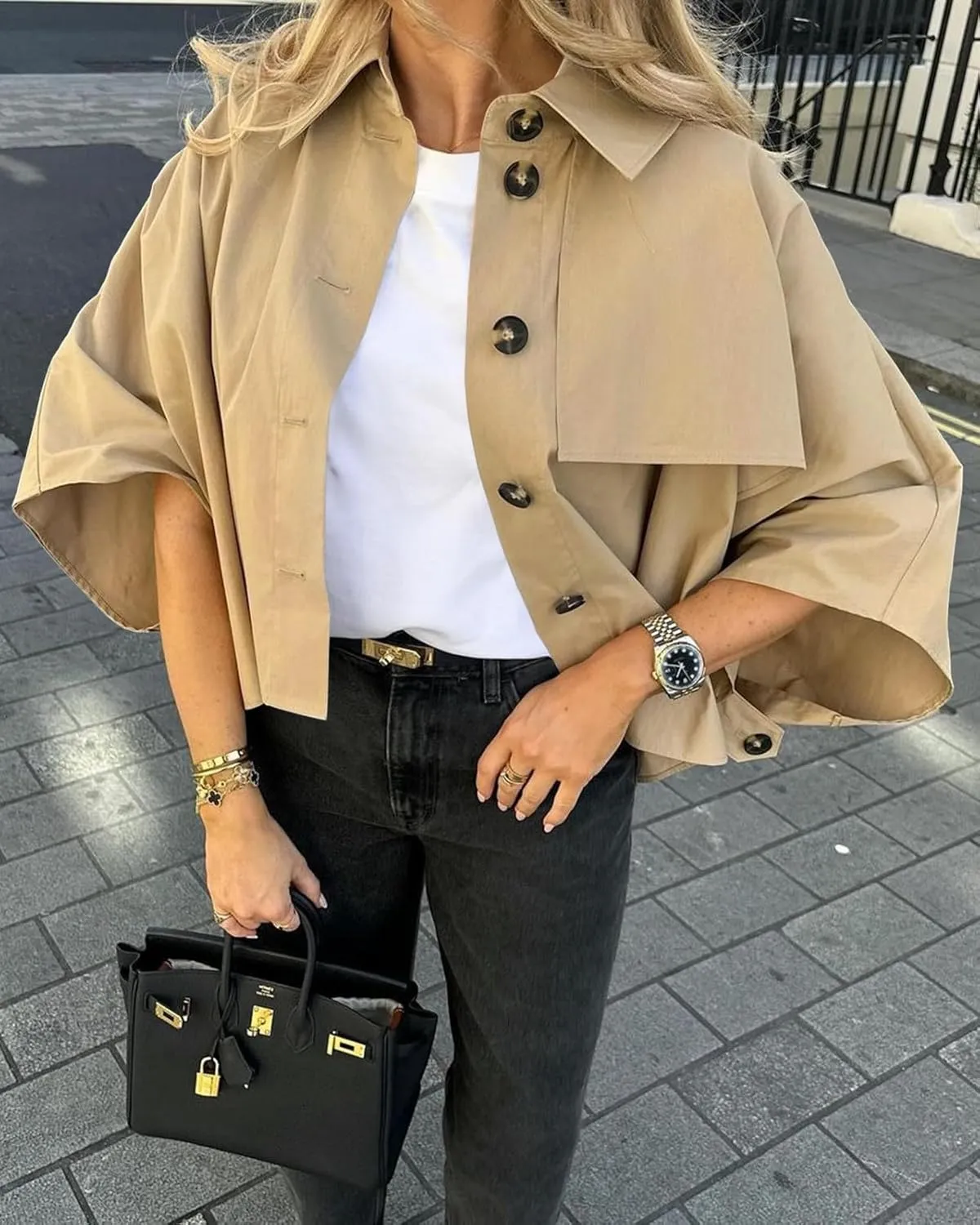 Cicy Bell Womens Oversized Cropped Trench Coats Single Breasted 3/4 Cape Sleeve Trendy Casual Jackets Button up Outerwear