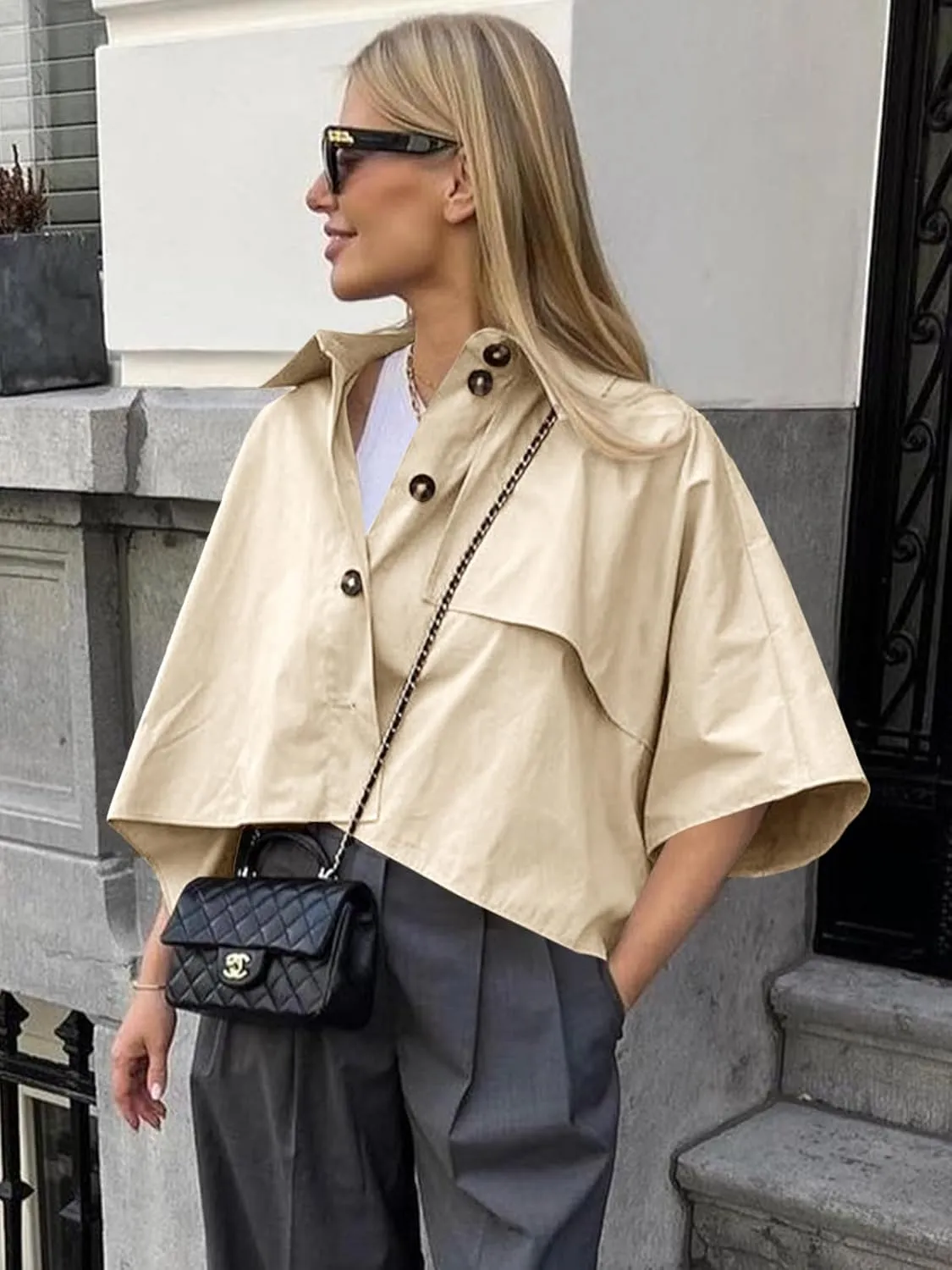 Cicy Bell Womens Oversized Cropped Trench Coats Single Breasted 3/4 Cape Sleeve Trendy Casual Jackets Button up Outerwear