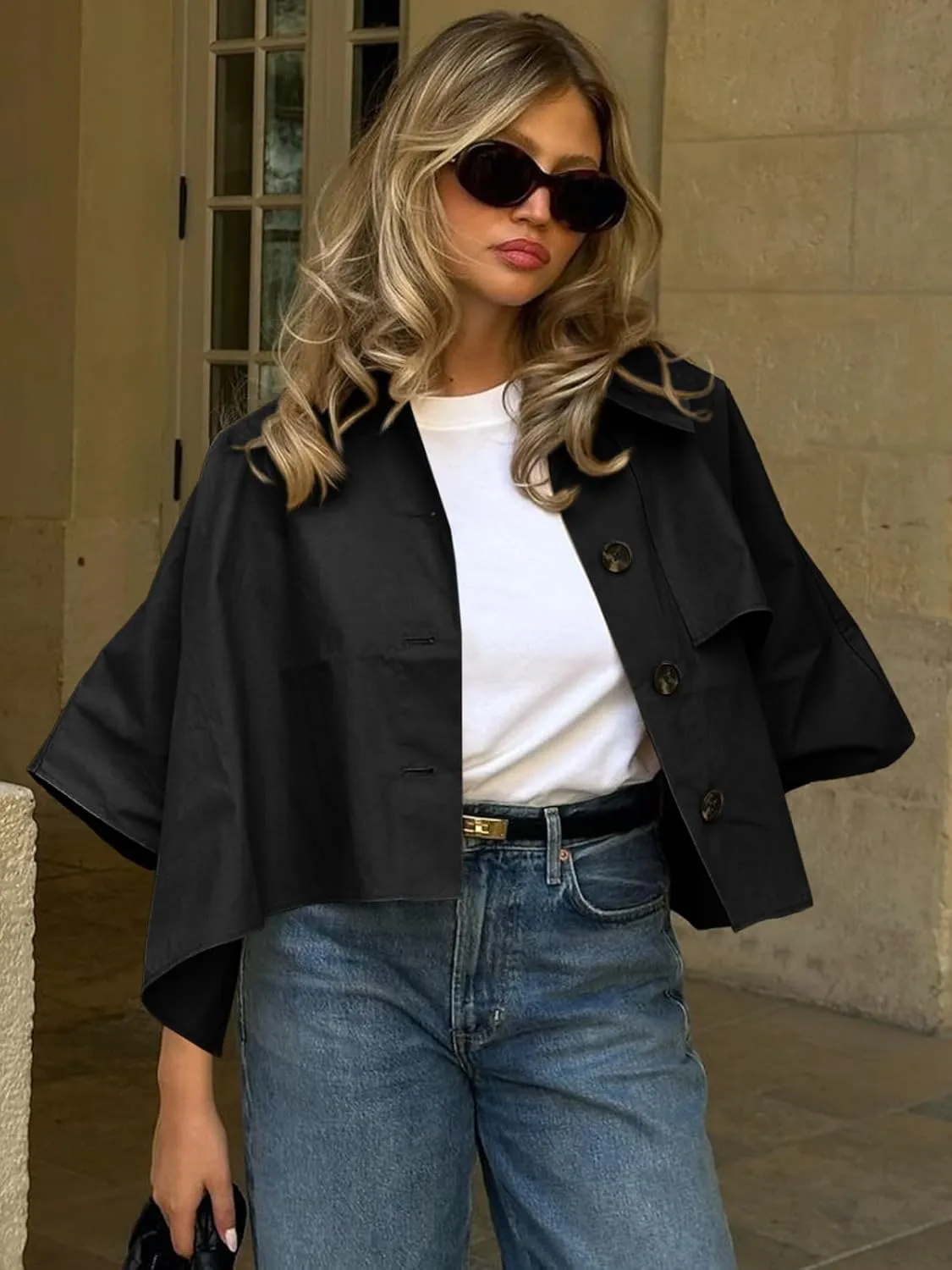 Cicy Bell Womens Oversized Cropped Trench Coats Single Breasted 3/4 Cape Sleeve Trendy Casual Jackets Button up Outerwear