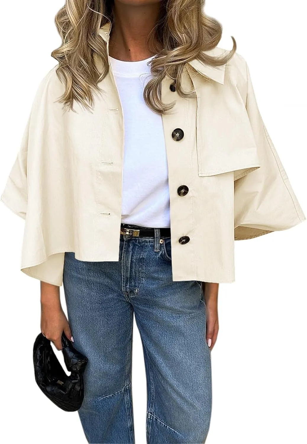 Cicy Bell Womens Oversized Cropped Trench Coats Single Breasted 3/4 Cape Sleeve Trendy Casual Jackets Button up Outerwear