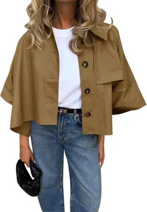 Cicy Bell Womens Oversized Cropped Trench Coats Single Breasted 3/4 Cape Sleeve Trendy Casual Jackets Button up Outerwear