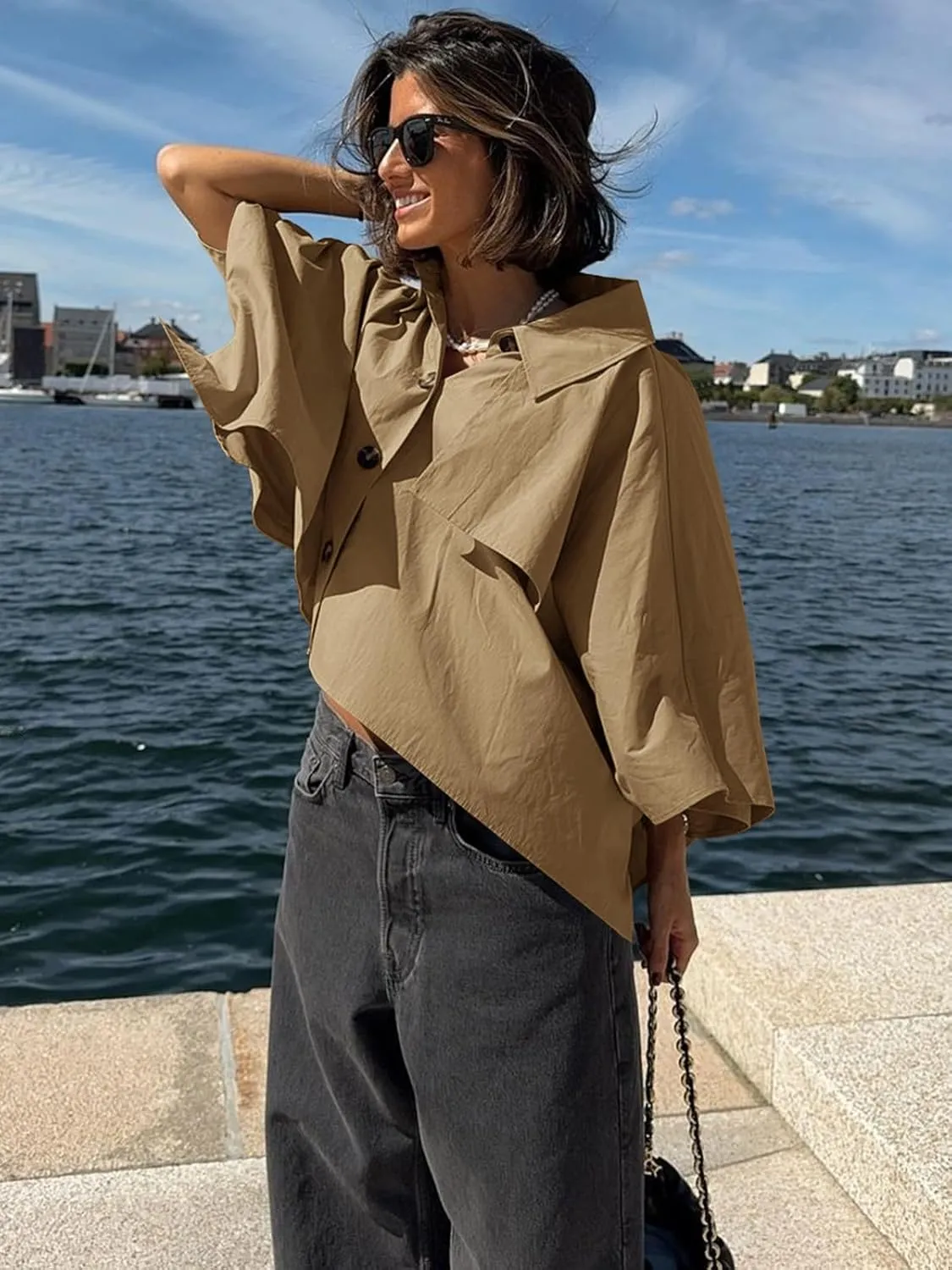 Cicy Bell Womens Oversized Cropped Trench Coats Single Breasted 3/4 Cape Sleeve Trendy Casual Jackets Button up Outerwear